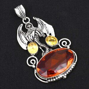 Handmade 925 Sterling Silver Citrine Gemstone Grim Reeper Pendant 3.04"